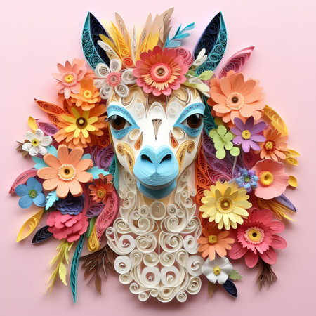 Colorful face of a llama made of flowers on a pink backgroundの素材