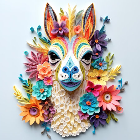 Colorful unicorn face made of paper flowers and feathers on blue backgroundの素材