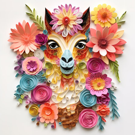 Colorful paper cut of alpaca face with flowers on white backgroundの素材