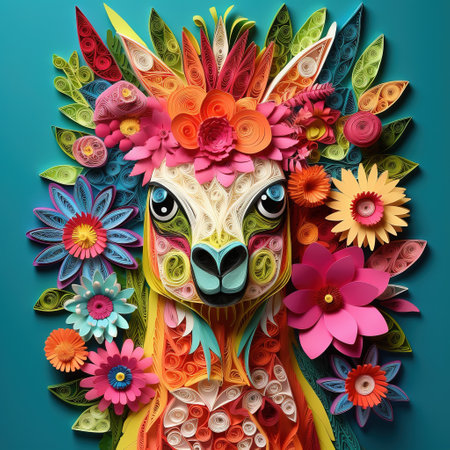 Fantasy alpaca with colorful flowers on blue background.の素材
