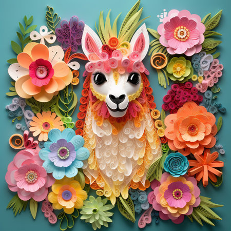 Cute llama with flowers and leaves. Paper cut illustration.の素材