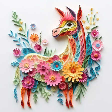 Colorful paper craft horse made of flowers and leaves on white backgroundの素材