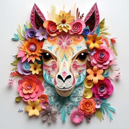 Colorful horse face made of paper flowers and leaves on white backgroundの素材