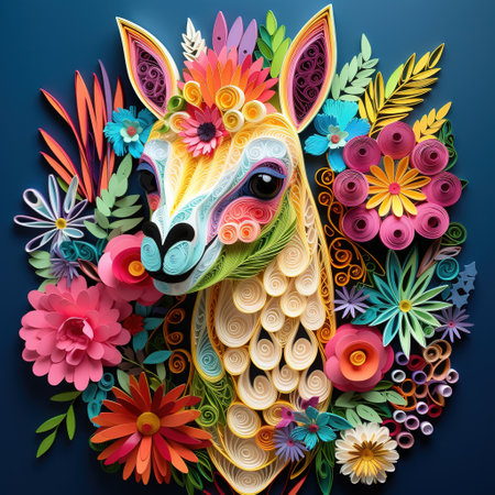 Llama made of flowers and leaves on dark blue background.の素材