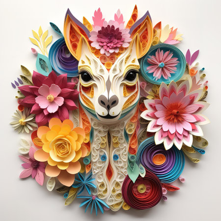 Colorful paper cut alpaca head with flowers on white backgroundの素材