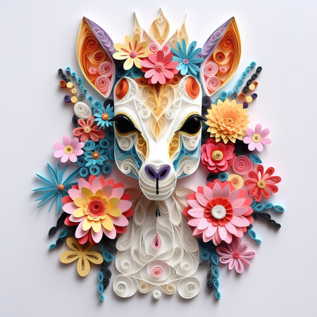 Paper cut of a deer made of colorful paper flowers on white backgroundの素材
