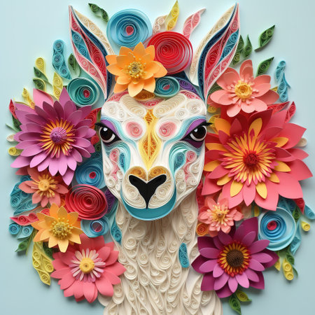 Llama made of paper flowers and leaves on a blue backgroundの素材