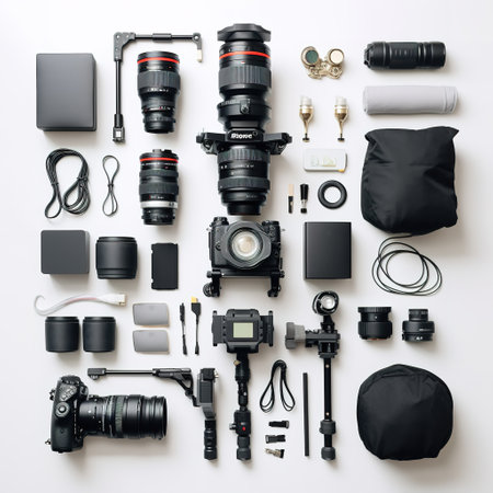 Flat lay composition with professional camera equipment on white background. Top viewの素材