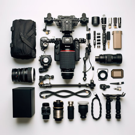 Photographer equipment on white background. Flat lay, top view.の素材