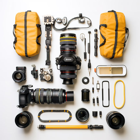 Flat lay composition with professional photographer equipment on white background. Top viewの素材