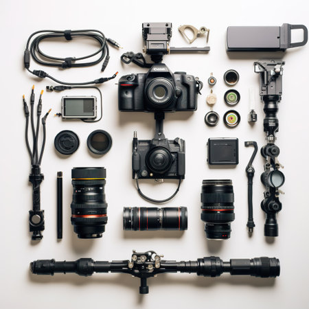 Photographer equipment on white background. Top view. Flat lay.の素材