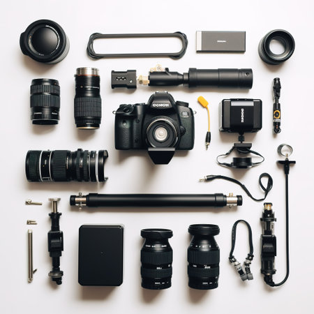 Photographer equipment on white background. Flat lay, top view.の素材