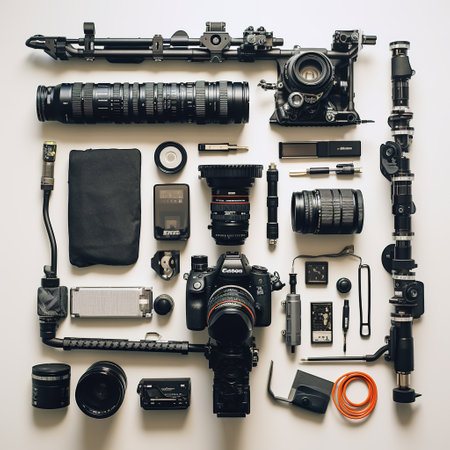 Photographer equipment on white background. Flat lay, top view.の素材