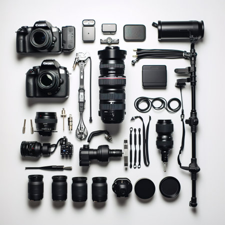 Photographer equipment on white background. Flat lay, top view.の素材
