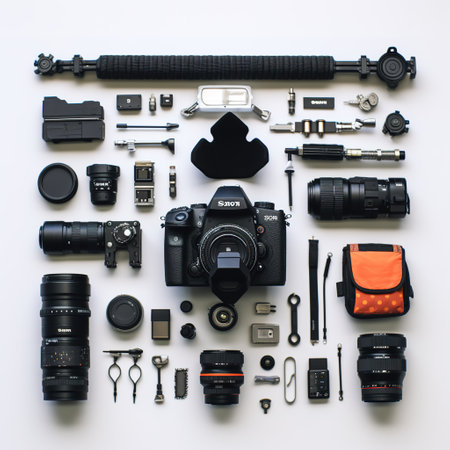 Top view of photographer equipment on white background. Flat lay style.の素材