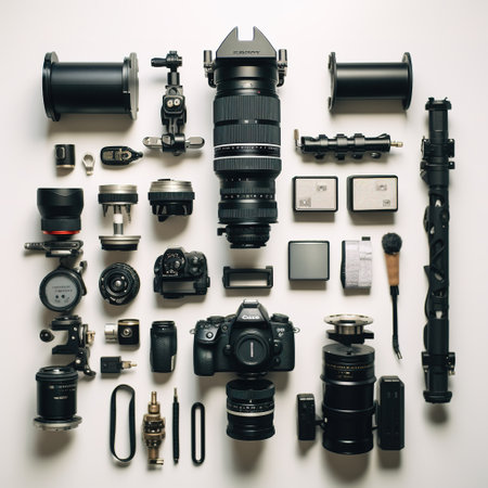 Photographer's equipment on white background. Top view. Flat lay.の素材