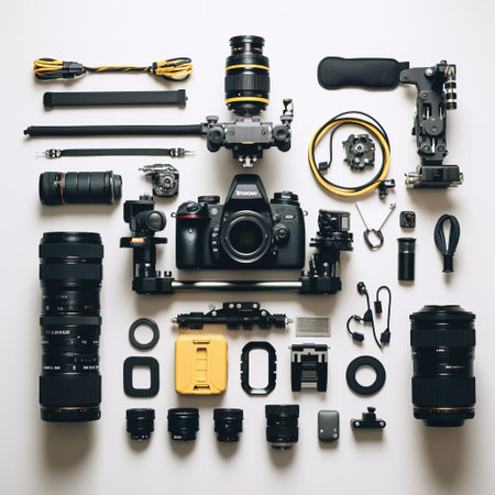 Flat lay of photographer equipment on white background. Top view with copy spaceの素材