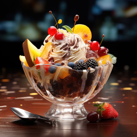 ice cream with fruits and berries in a glass bowl on a dark backgroundの素材