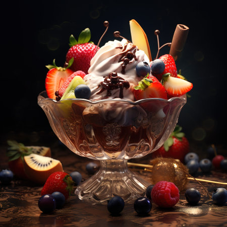 Ice cream with fruits and berries in a glass bowl on a dark backgroundの素材