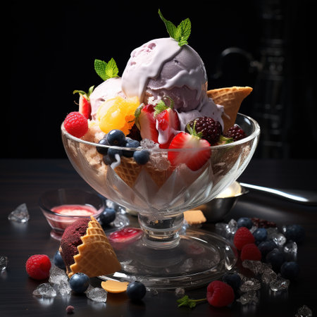 ice cream with fruits and berries in a glass bowl on a black backgroundの素材