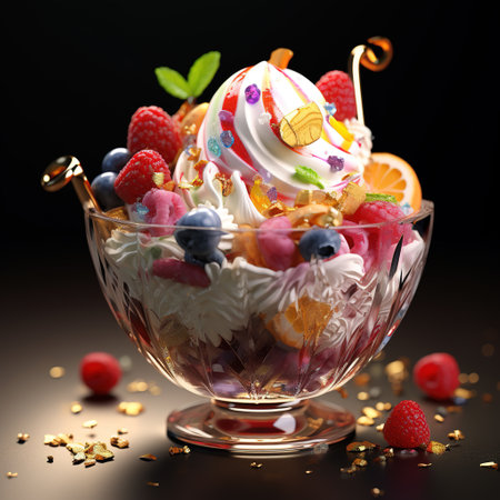 Ice cream in a glass bowl with fruits and berries on a black backgroundの素材