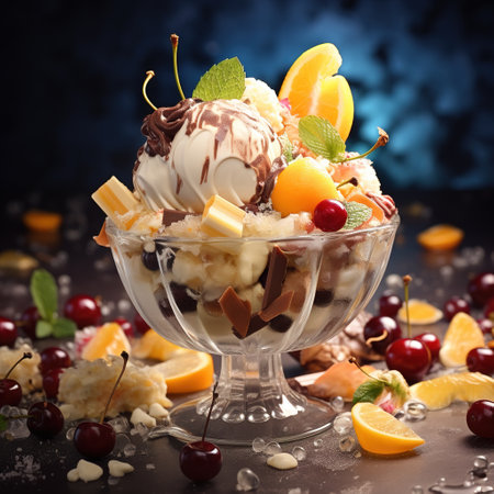 ice cream with fruits and berries in a glass bowl on a dark backgroundの素材