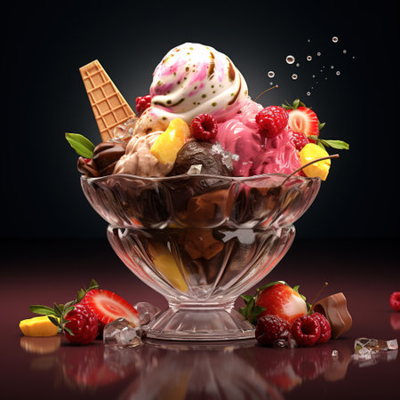 ice cream in a glass bowl with fruits and berries on a dark backgroundの素材