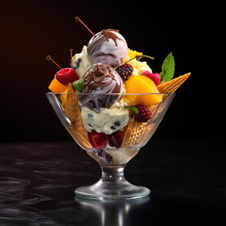 ice cream in a glass bowl with fruits and berries on a black backgroundの素材