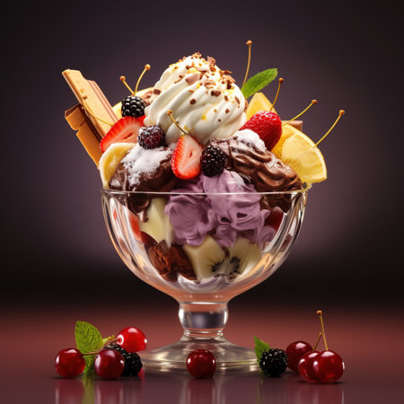 ice cream with fruits and berries in a glass on a dark backgroundの素材