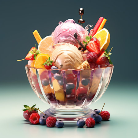 Ice cream with fruits and berries in glass bowl. 3d renderingの素材
