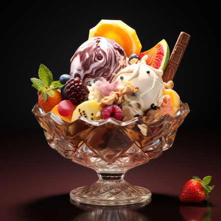 ice cream in a glass bowl with fruits and chocolate on a dark background