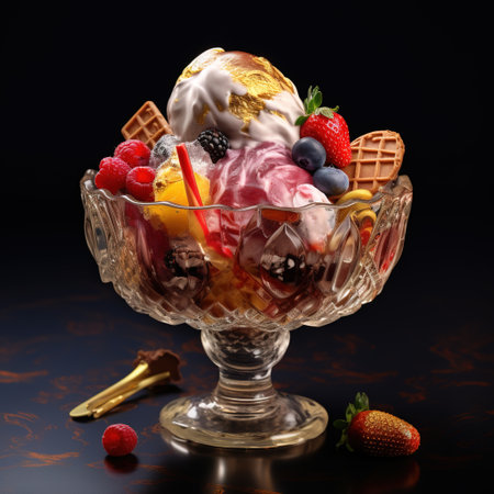 ice cream in glass bowl with fruits and berries on a dark backgroundの素材