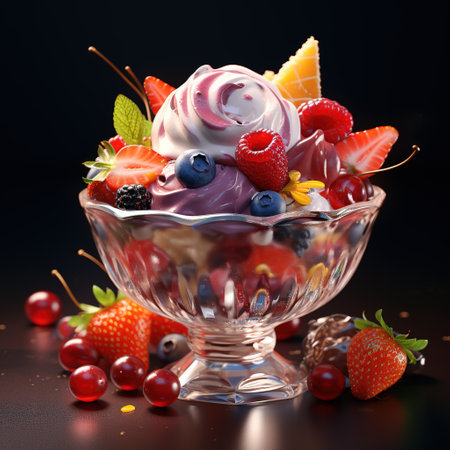 Ice cream with fresh berries in a glass bowl on a black backgroundの素材