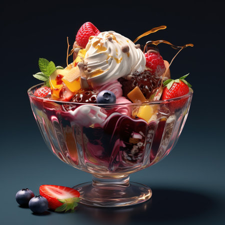 Delicious ice cream with fruits and berries in glass bowl on dark backgroundの素材