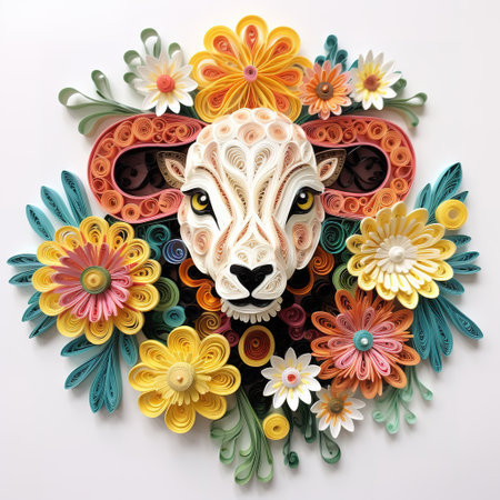 Sheep head made of colorful paper flowers on white background. Decorative design elements.の素材