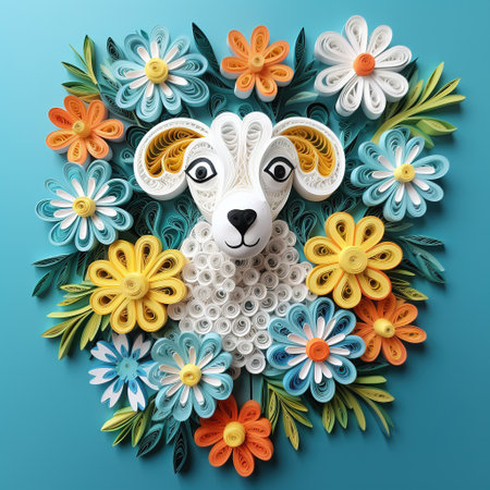 Sheep made of flowers on blue background. 3d illustration.の素材