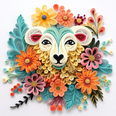 Colorful paper cut sheep with flowers on white background, top viewの素材