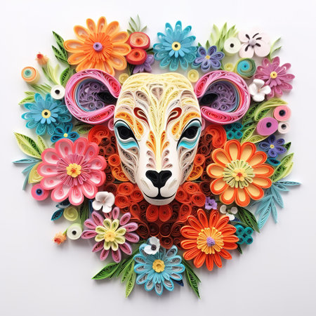 Paper cut of a sheep with colorful flowers on a white background.の素材