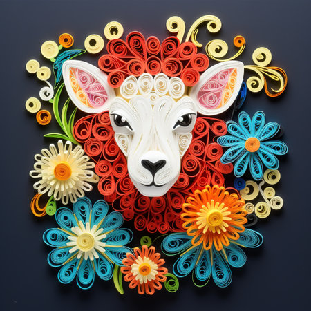 Illustration of a funny sheep made of colorful flowers on dark backgroundの素材