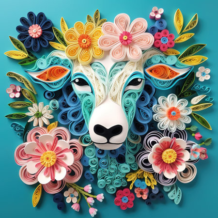 Cute sheep face with colorful flowers and leaves.の素材