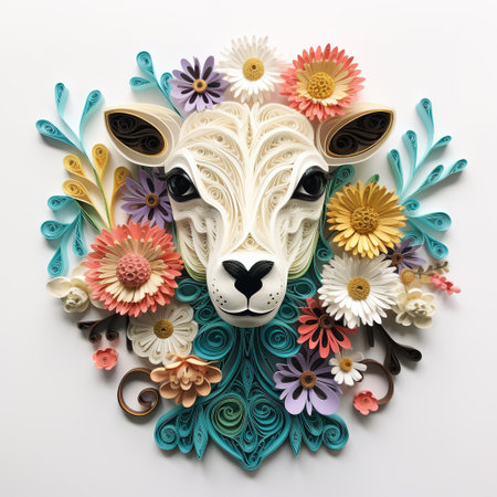 Paper cut sheep with colorful flowers on white background, top view.の素材
