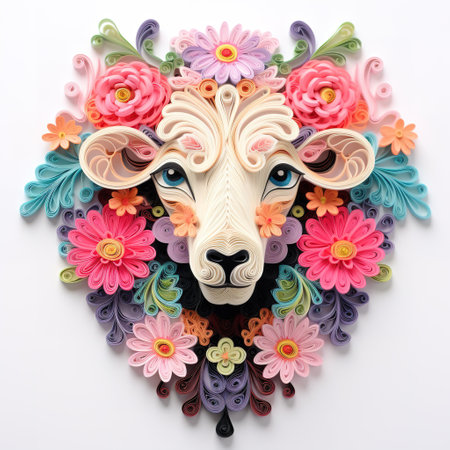 Sheep head made of colorful paper with flowers on white background.の素材