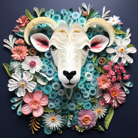 Sheep head made of colorful paper flowers on dark blue background.の素材