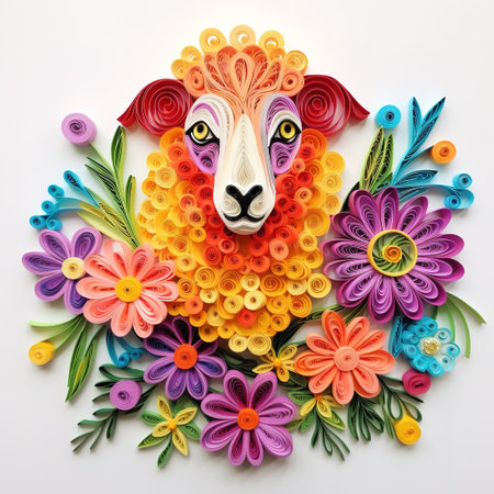 Colorful paper cut sheep head with flowers on white background. 3d renderingの素材
