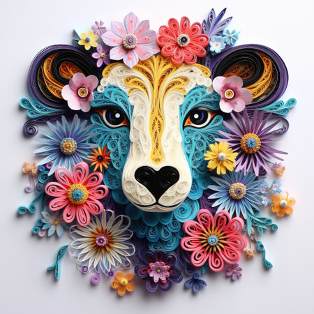 Lion made of paper with colorful flowers on white background, closeupの素材