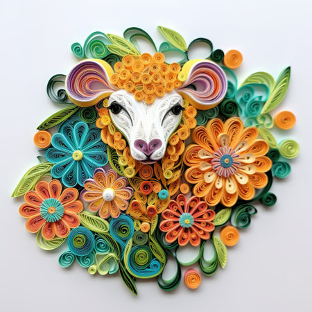 Colorful paper cut sheep with flowers and leaves on white background.の素材