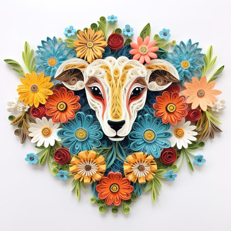 Beautiful sheep made of colorful flowers on white background, top viewの素材