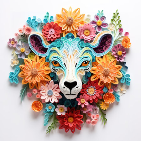 lion head made of colorful flowers and leaves on white background.の素材