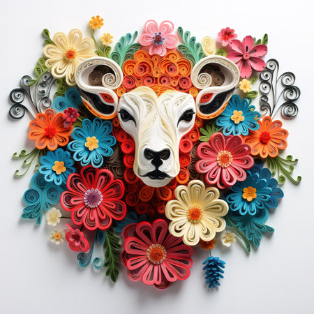 Folk art, sheep head made of flowers and leaves on white backgroundの素材