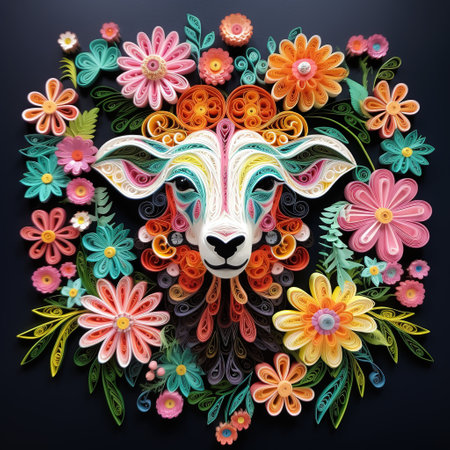 Sheep head with colorful flowers on black background.の素材